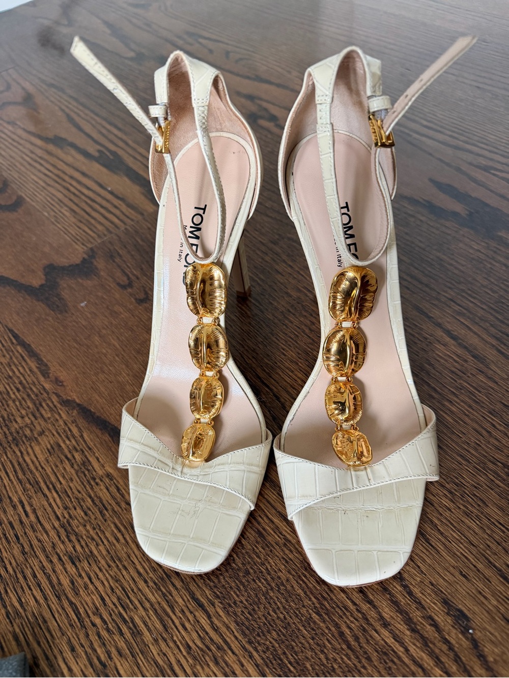 Tom Ford Ivory Croc-Embossed T-Strap Sandals with Gold Chain Links
